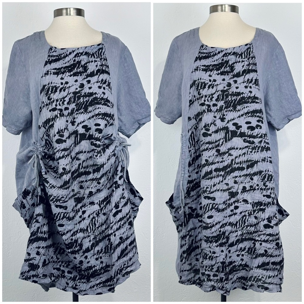 T By Transparente Lagenlook Tunic Size 1 Blue Italy Linen Abstract Artsy Ruched
